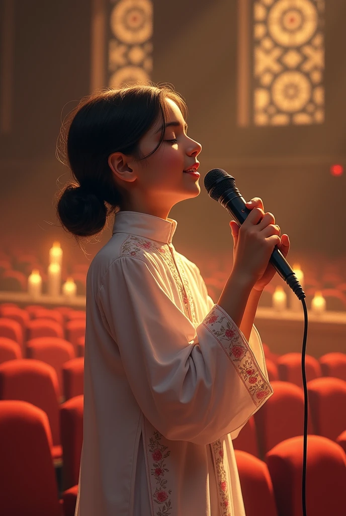 /imagine prompt: A digital painting of a young Pakistani Muslim girl singing into a microphone in a school auditorium. She is wearing a traditional shalwar kameez with floral embroidery, her hair neatly styled in a low bun with loose strands framing her face. The girl stands confidently, holding the microphone close to her mouth with both hands, her eyes closed as she sings passionately. The background features soft, warm lighting, with blurred candles and intricate window patterns visible in the distance. Created Using: high-detail brushwork, realistic texture, soft lighting, warm color palette, realistic facial expression, hd quality, natural look --ar 16:9 --v 6.0