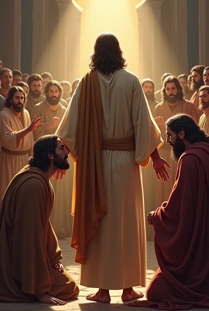 Jesus healed a blind man by touching his eyes, don't show Jesus' face only his back ,around him there are disciples 