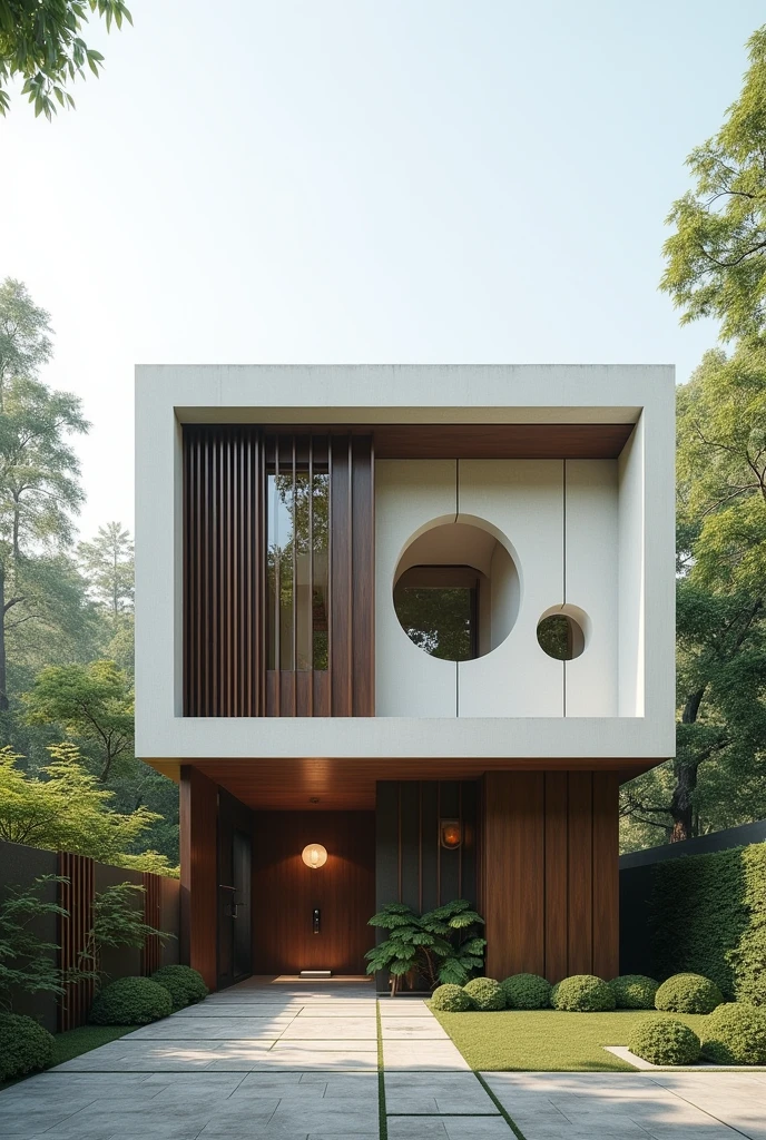 Two-story house with 3 different geometric shapes, Minimalist style with an oriental touch,