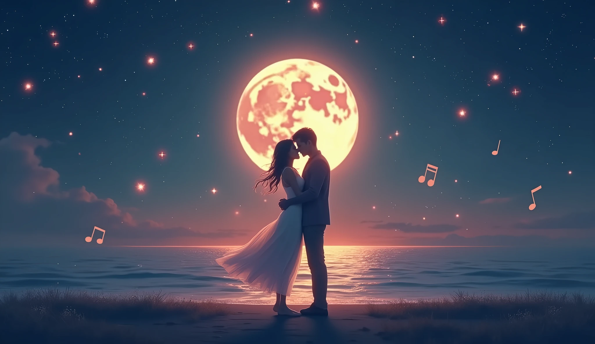 Design a romantic and dreamy YouTube thumbnail. The scene should depict a couple standing under a moonlit sky with stars shining brightly. The couple should be locked in a gentle embrace, their silhouettes highlighted by soft, ethereal light. Include subtle musical notes floating around them to signify the song's theme. In the background, a serene ocean waves softly, with the moon reflecting off the water. Use a combination of warm and cool tones to evoke love and serenity. Title text in elegant, glowing font: 'I Fall Into You.'