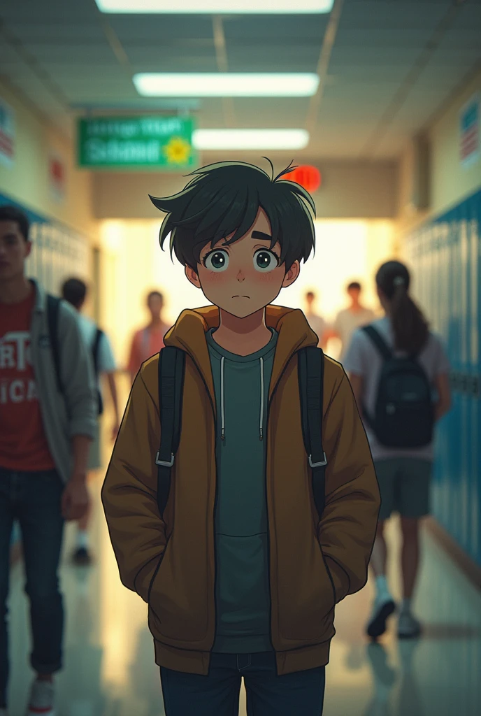 Prompt: "A 1 student named Alex stands in a busy high school hallway, looking thoughtful and slightly anxious. They are surrounded by students rushing to classes, lockers lining the walls, and posters advertising school events. The light is soft, caon Alex’s face, highlighting their uncertainty about the future. The colors are natural, with a hint of nostalgia, capturing the atmosphere of a typical school day."