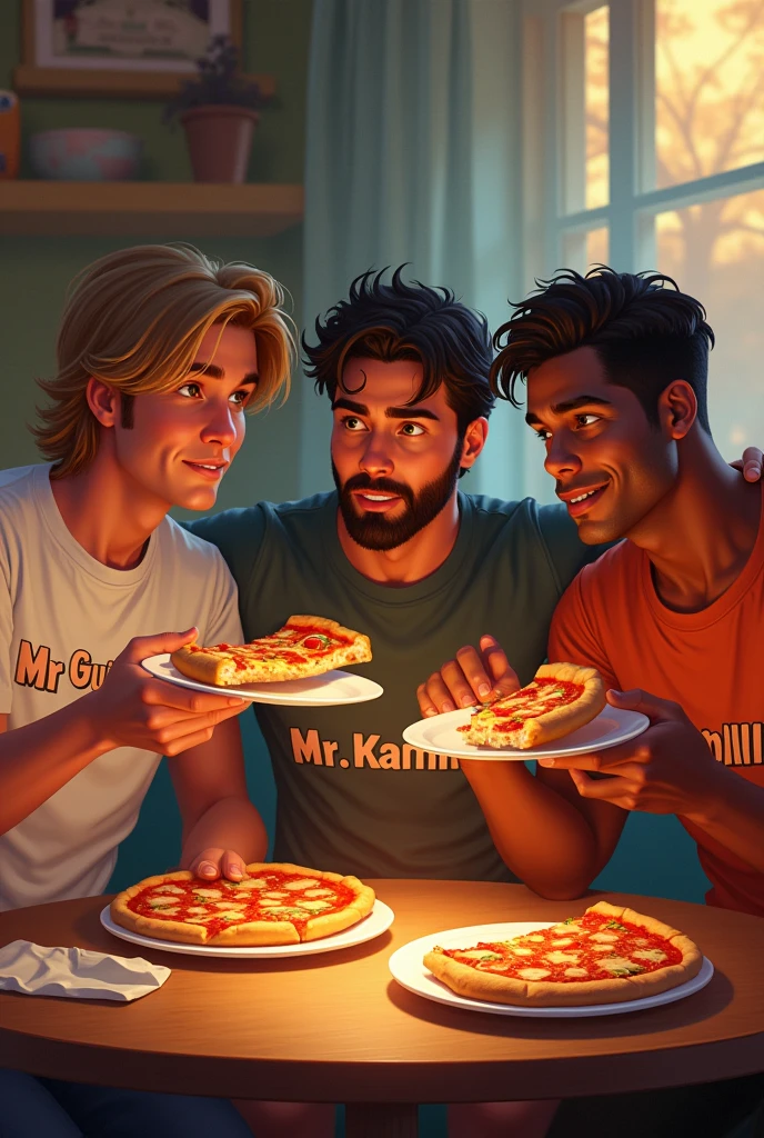 make a picture where 3 friends are together eating pizza. the first friend is a white man with straight hair and is wearing a shirt that says MR GUILUS, the second friend is a man and has wavy hair, He is muscular and is wearing a shirt that says MR JAMES, the last friend is a black man, thin and is wearing a shirt that says MR KAMILLA 