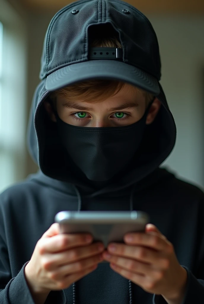 A cell phone player boy with a black mask and backwards hat with green eyes 
