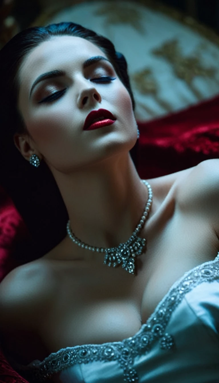 A cinematic shot frames the Countess's coffin, dimly lit by flickering candles casting an eerie glow. The camera captures her peerless beauty, seemingly sleeping peacefully, with no shadow on her porcelain skin. However, closer inspection reveals her voluptuous breasts not rising and falling, and her rosy complexion surprisingly cold to the touch. The lens zooms in on her face, showcasing parted lips revealing two sharp fangs, as if beckoning for a kiss. The Countess's bewitching form is bathed in an otherworldly aura, hinting at her immortal nature as a seductive and terrifying vampire., Gothic horror, vampiress, The erotic sleeping pose of a vampiress who is captivating even when she bares her fangs, professional, vivid colors, perfect anatomy, ideal facial features, ideally proportioned figure, perfectly beautiful body, super detailed skin, glossy skin, glistening skin, fresh white skin, Glamor, soft and curvy, body conscious, (indoors, The burial chamber of an ancient castle, a luxurious coffin lined with crimson velvet carpet), lying, upper body shot, Straight-on shot, Portrait, black long hair, Forehead, arched eyebrows, double eyelids, Closed eyes, Eyelashes, nose, nostrils, full lips, dark lipstick, glossy lips, (A slightly open whispering mouth, teeth, vampire fangs), neck, collarbone, cleavage, huge breast:1.3, shallow depth of field, entirety of sharp focus, vignette, highly detailed, high budget, bokeh, cinemascope, moody, epic, gorgeous, film grain, grainy, masterpiece, incredibly absurd resolution, absolutely resolution, ultra high resolution, Vampire Fangs,