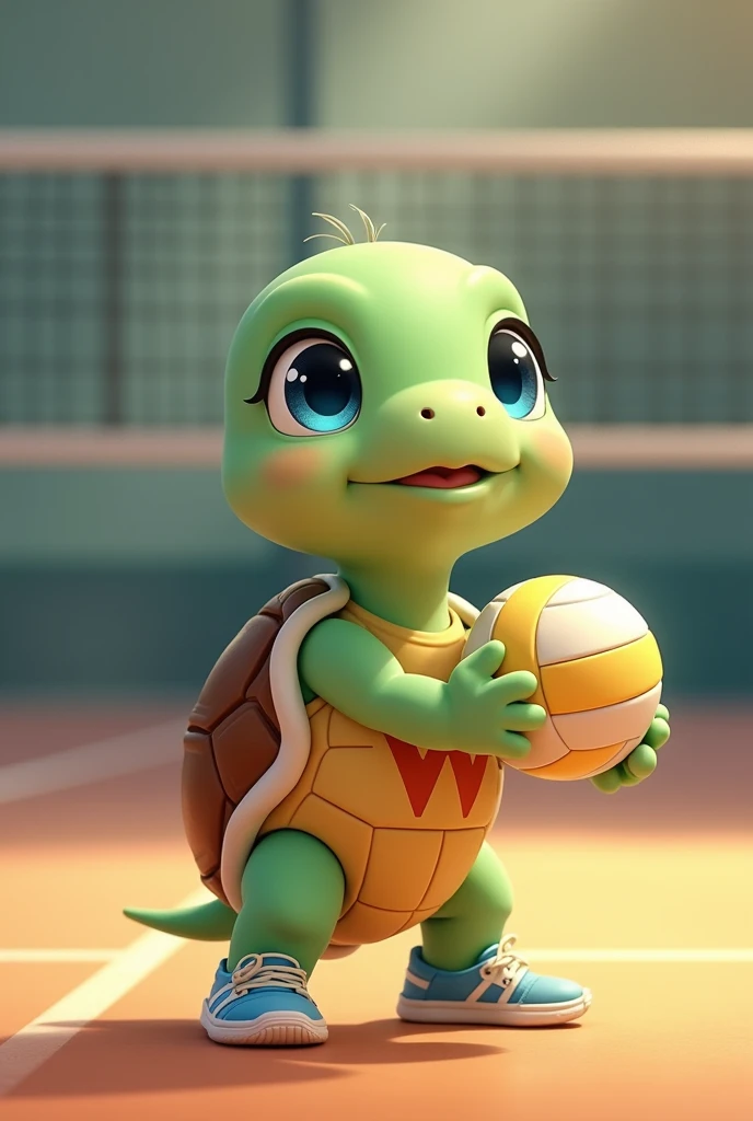 Waku, an adorable turtle with vibrant green skin and a rich brown shell, looks up with bright blue eyes shining with excitement, as if celebrating a triumphant spike, stands on a modern indoor volleyball court, prepared for volleyball training, wearing a small tank top with a stylized orange "w" logo on the chest, her tiny tennis shoes tied up and ready for the next serve with a volleyball in her hands, a few strands of sweat-soaked hair sticking together to your front, capturing the essence of your joyful and competitive spirit, with soft, warm lighting that casts a comforting glow on the overall scene.