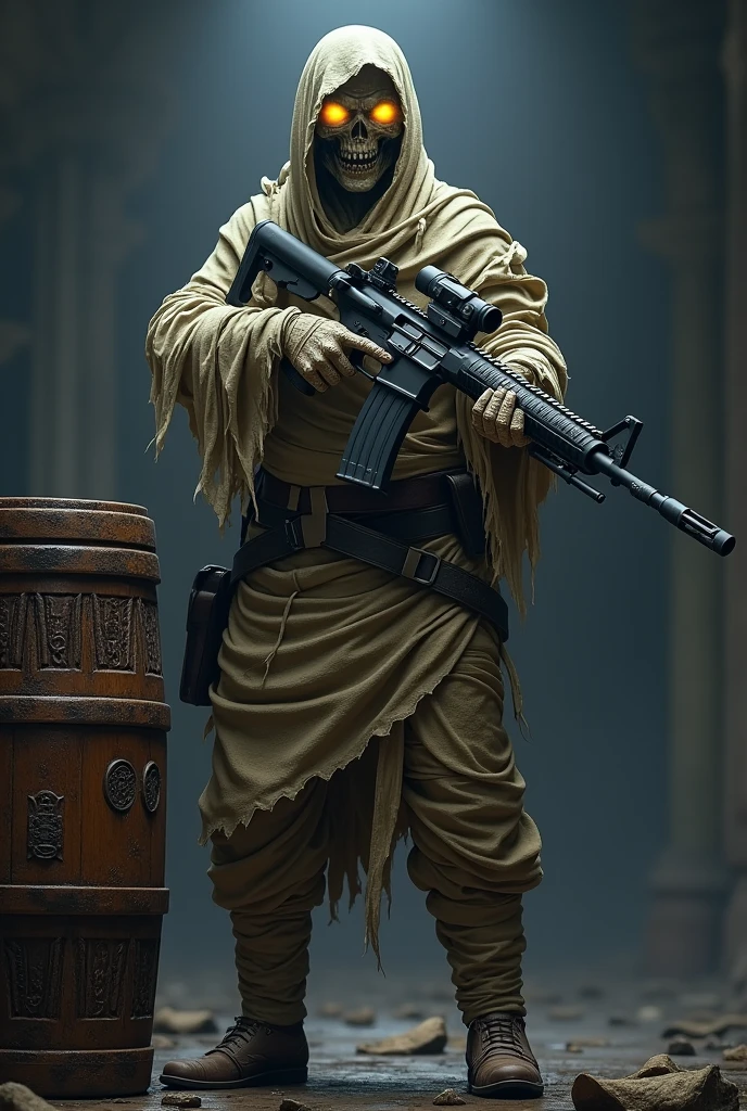 Pubg mobile mummy character holding an M416 rifle next to the barrel of the eight keys