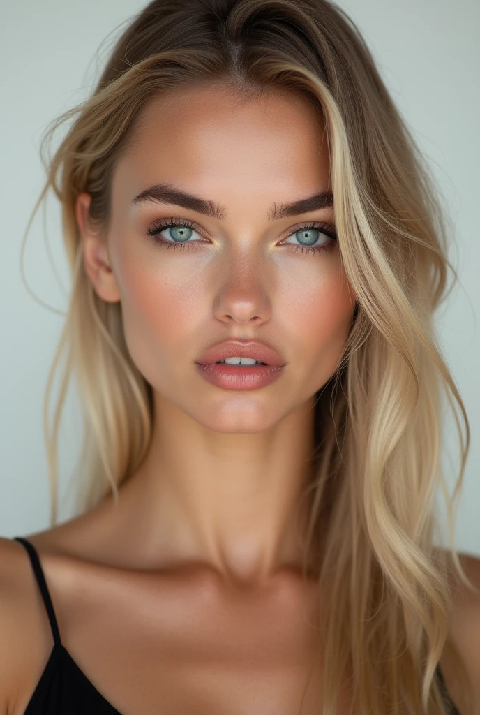 Create a realistic, unobstructed portrait of a 20-year-old supermodel with remarkably symmetrical features. She has high, clean cheekbones, a rounded jawline and flawless, radiant skin. Her piercing blue eyes are intense and framed by perfectly arched eyebrows. Her full lips are naturally defined by a subtle sheen. Her sleek, elegant blond hair is styled to perfection, and she exudes confidence with a slightly laughing, captivating gaze. The background is minimalist, focusing all attention on her high-fashion elegance and imposing presence.