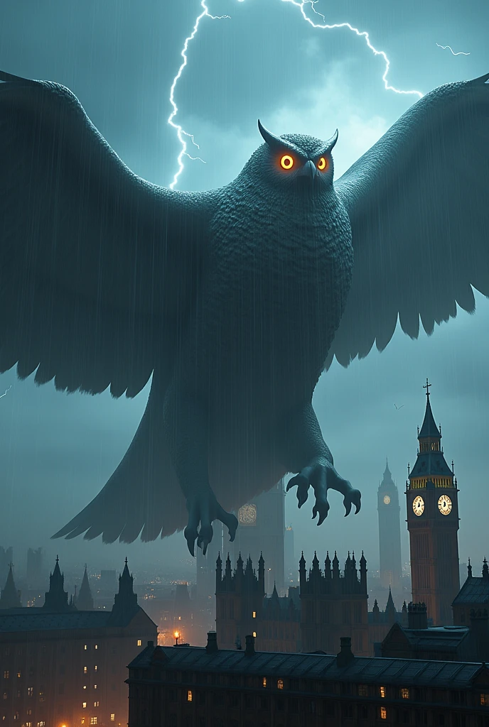 Ultra high definition Photograph of a Absolutely massive owl towering over the city of London at night, panoramic shot, giant owl monster, incredible scale, arching over the cityscape, backlit by lightning, view from the side, attacking the city, complex character design, 4 arms, a tail, original character, rain, dramatic scene, cinematic, terrifying, glowing from inside body, not humanoid, famous landmarks, destruction, photo-realistic