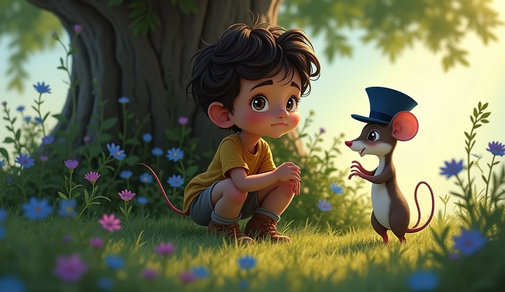 in a sunny day, while investigating the flowers in the garden, Leo saw something he had never seen before: a little mouse wearing a blue hat, very elegant for such a small mouse. His little eyes shone with intelligence and curiosity..