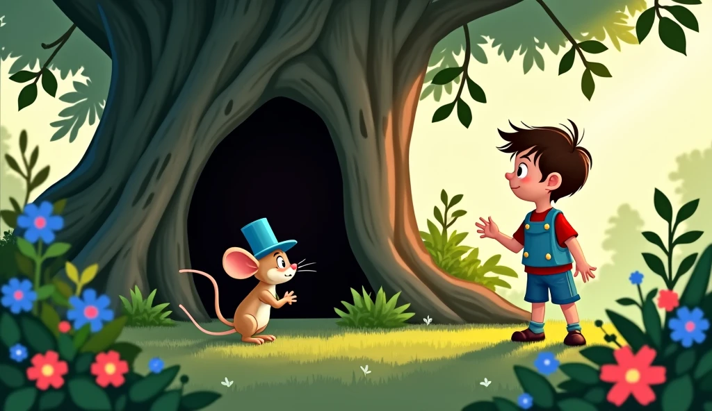 in a sunny day, while investigating the flowers in the garden, Leo saw something he had never seen before: a little mouse wearing a blue hat, very elegant for such a small mouse. His little eyes shone with intelligence and curiosity..