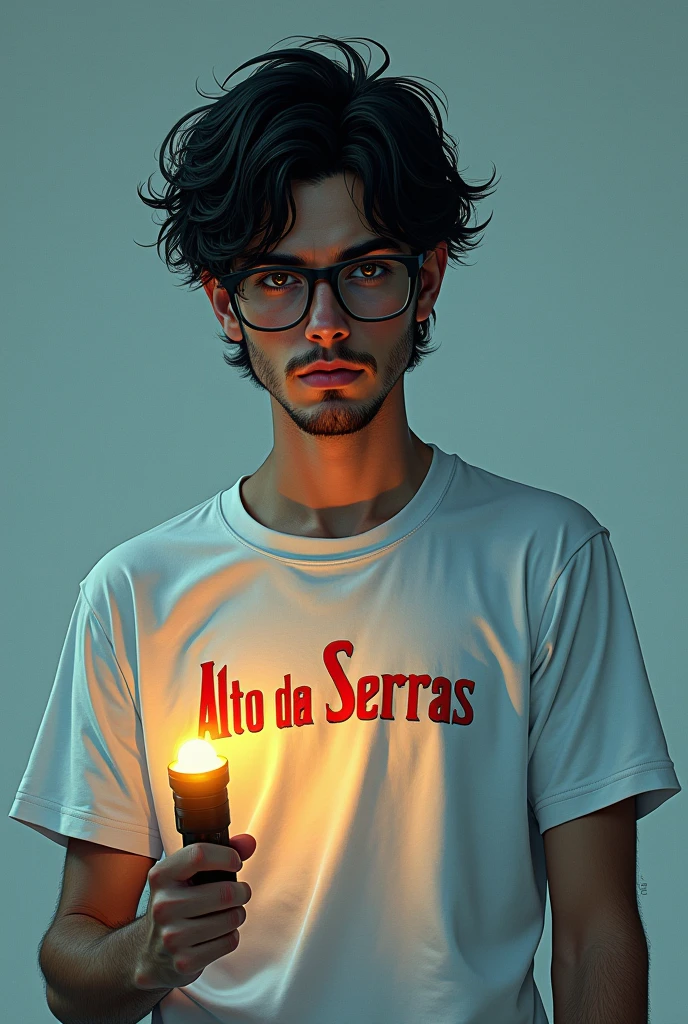 20 year old man with mysterious expression, black short hair, with medium black beard and brown eyes with glasses on the shirt wearing a white summer camp t-shirt with Alto Da Serra written in red and a flashlight in his hand, half dark academia, Estilo da DC Comics, imagem sem fundo, dc comics style, similar to caio castro