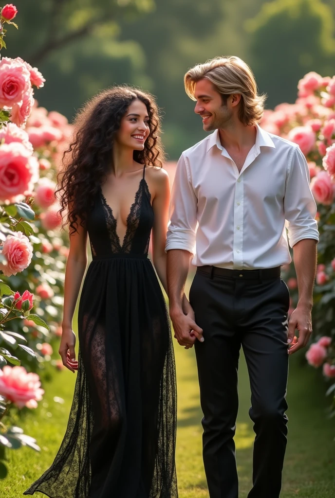 Photo: une femme de 25 ans, européenne, les cheveux longs boucle tombant en cascade sur ses épaules entourant un visage doux aux yeux marron emplie de joie. Elle porte une longue robe noiry en telle. Avec elle un homme de 25 ans, ses cheveux mi long blond bien coiffé entourant un visage aux yeux vert emplie de tendresse. Il porte un pantalon noir de cos et une chemise blanche. Il se balade dans une roseraie la jeune femme au bout d'une laisse de métal tenu par le jeune homme