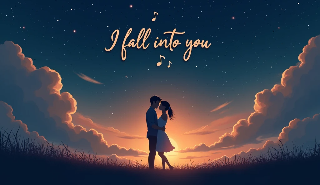 Create a romantic and dreamy scene for a YouTube thumbnail. Show a couple standing under a starry night sky, gently embracing. Include soft, floating music notes around them. Use warm and cool tones to evoke love and serenity. Ensure the text 'I Fall Into You' is prominently displayed in elegant, flowing script at the top of the image.
