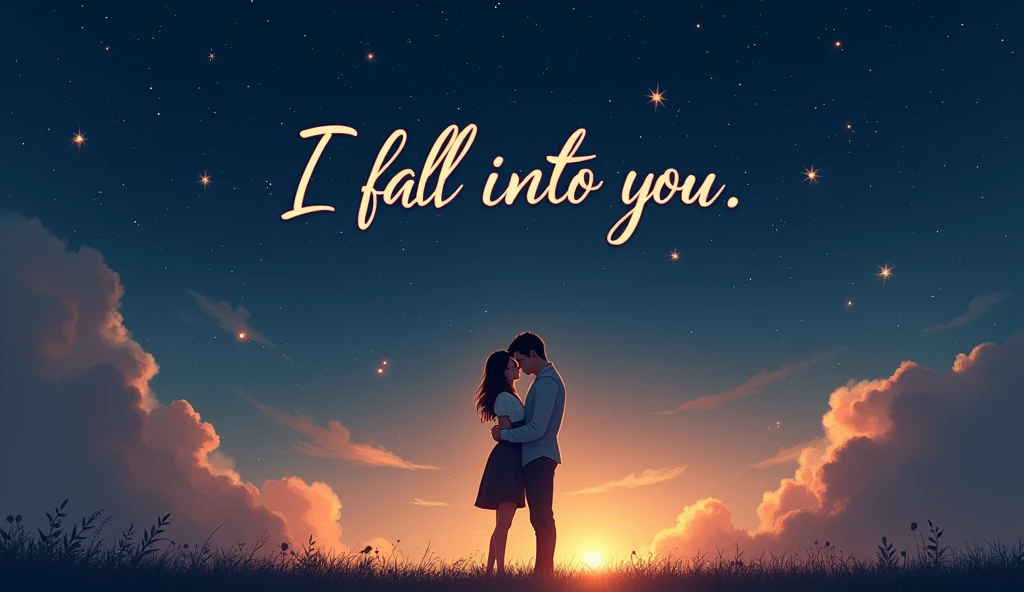 Create a romantic and dreamy scene for a YouTube thumbnail. Show a couple standing under a starry night sky, gently embracing. Include soft, floating music notes around them. Use warm and cool tones to evoke love and serenity. Ensure the text 'I Fall Into You' is prominently displayed in elegant, flowing script at the top of the image.