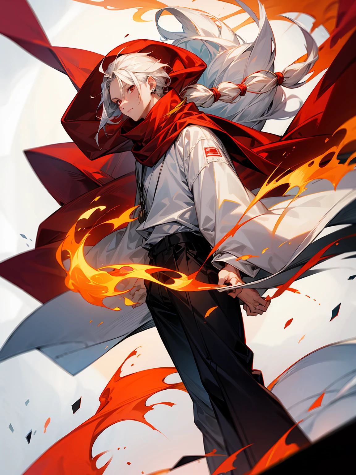 1male, Adult, Long White Hair, White Baggy Long Sleeve Shirt, Baggy Black Pants, Red Eyes, Red Scarf, Earring, Masculine, Single Hair Braid, Surrounded By Fire