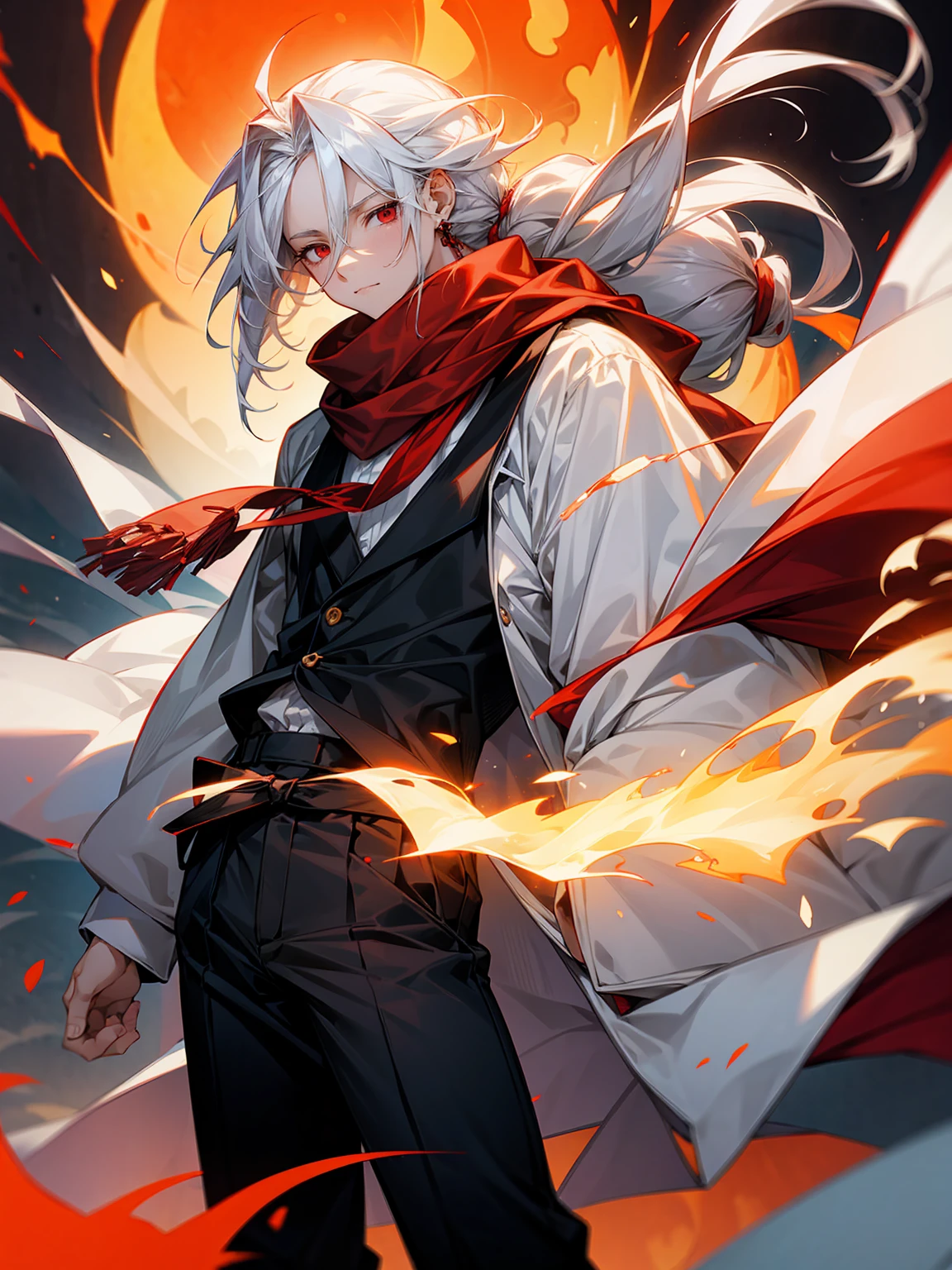 1male, Adult, Long White Hair, White Baggy Long Sleeve Shirt, Baggy Black Pants, Red Eyes, Red Scarf, Earring, Masculine, Single Hair Braid, Surrounded By Fire