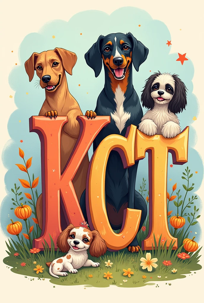 Drawing with the initials KCT with a Cofap dog, a spotted mongrel and a tricolored shitszu 