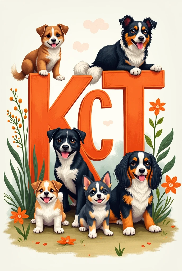 Drawing with the initials KCT with a Cofap dog, a spotted mongrel and a tricolored shitszu 
