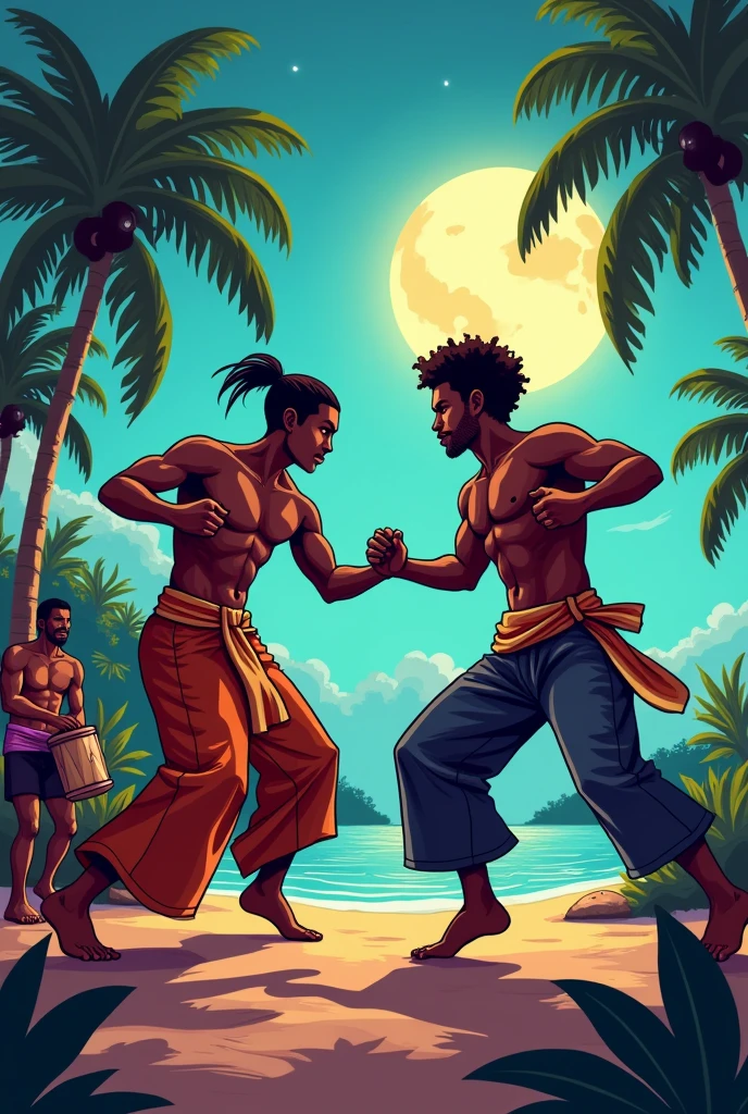 Deux joueurs de capoeira, ils sont noirs, il y a un joueur de tambour. Digital art, cartoon graphism. La scène se passe dans la caraïbe le soir, au clair de lune