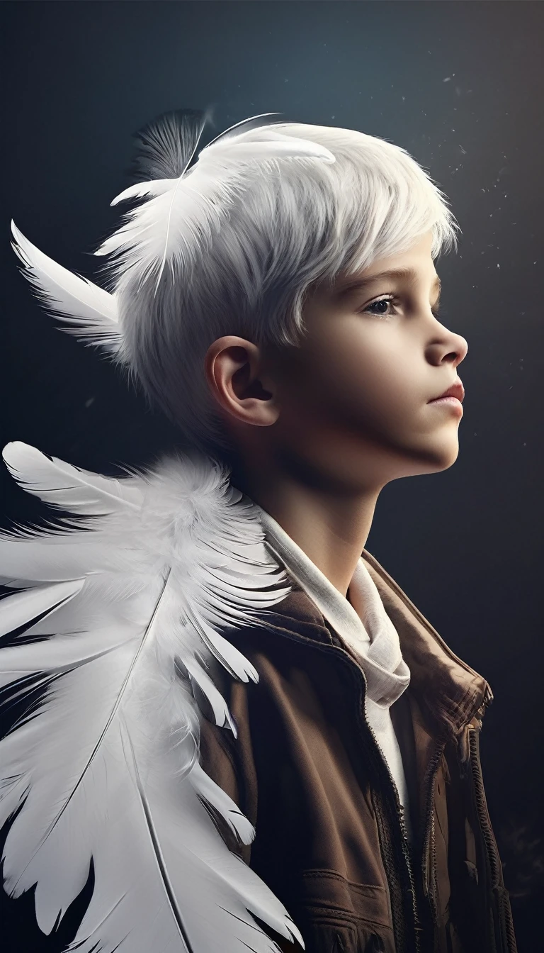 Create a minimal, modern, simple, inspirational, fantastic, poetic, epic, original, memorable, dream like, cinematic logo design of a dreamer boy and a cinematic, memorable white fantastic feather for the brand “Penamemoria". The logo design must convey the artistic, fantastic, epic inspiration of a dreamer boy in a unique, fantasy cinematic white feather.
