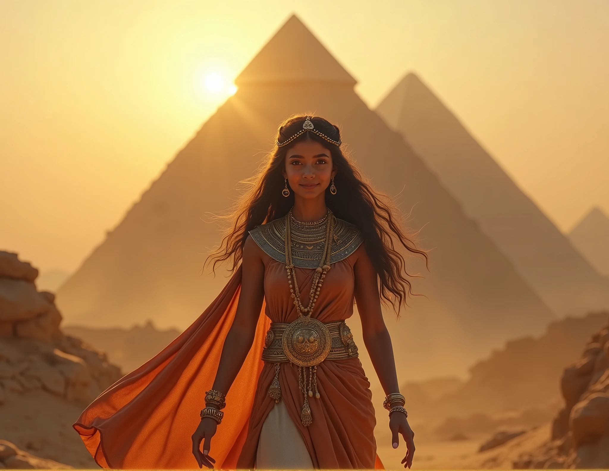 a young Egyptian princess visiting the Egyptian pyramids, smiling, happy, adventurous style, energetic, highly detailed, photorealistic, 8k, hyperrealistic, extremely detailed, cinematic lighting, warm color tones, dramatic shadows, ornate jewelry, intricate clothing details, confident pose, dynamic composition, golden hour lighting, volumetric fog, atmospheric haze, looking towards camera