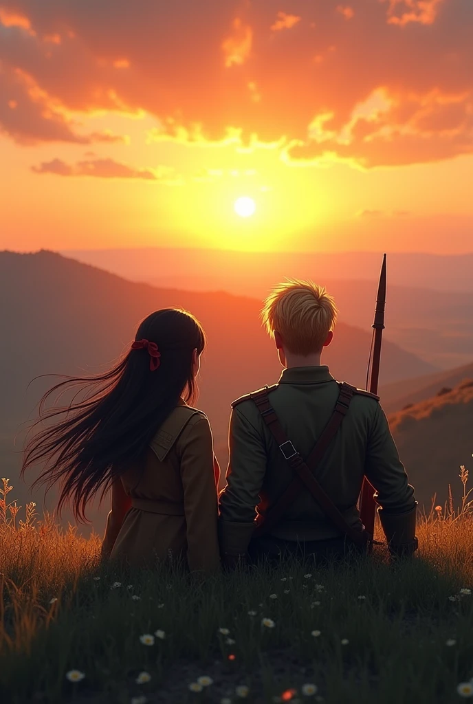 create a scene of a sunset from the top of a hill with a girl with long, dark hair and a strong soldier with blond hair lying on the grass watching the sunset

