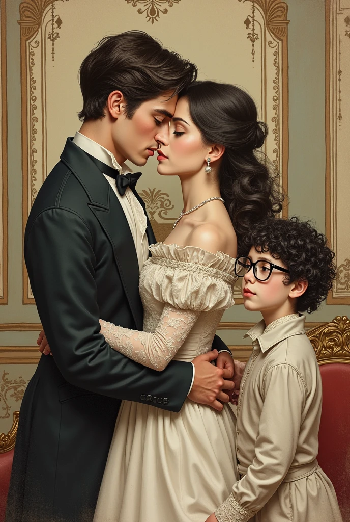 Victorian style illustration of a couple embracing, Black curly haired boy with glasses next to a straight haired girl with glasses