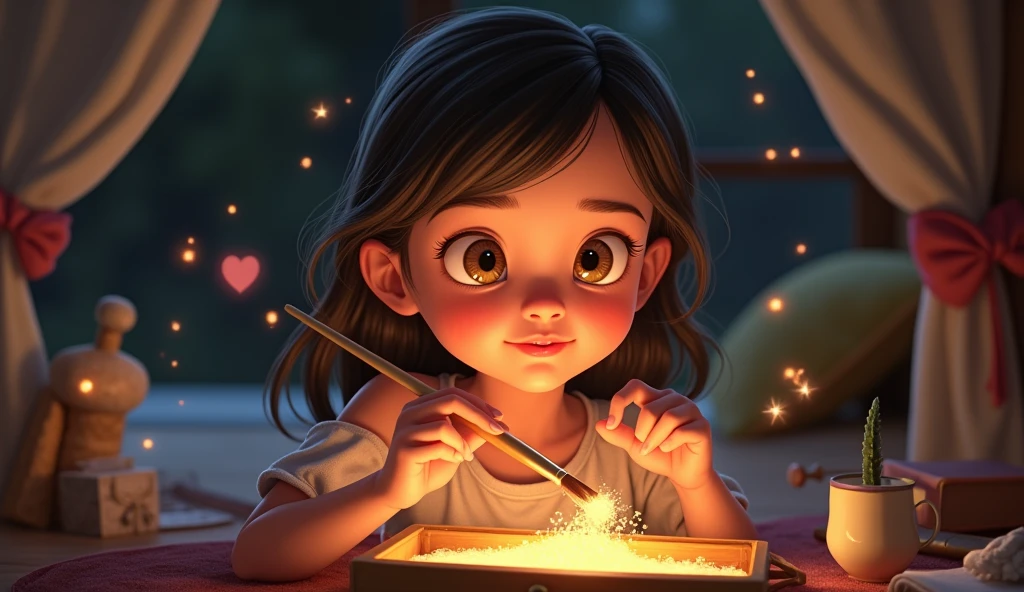 Lily opening the box, her eyes widening in amazement as she picks up the paintbrush.
