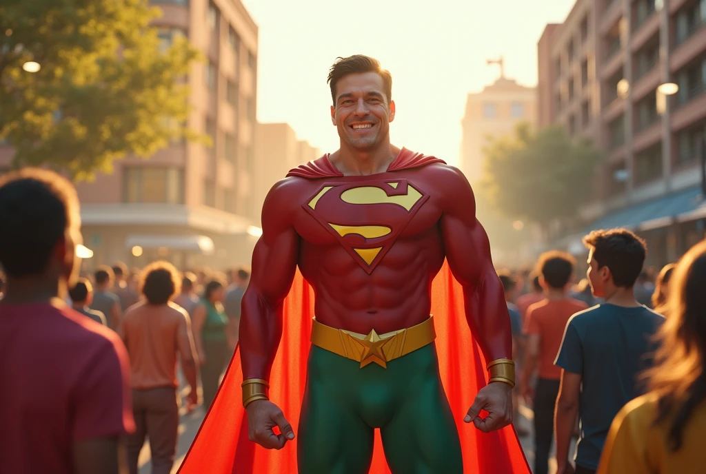 Superhero smiling at people around him in admiration