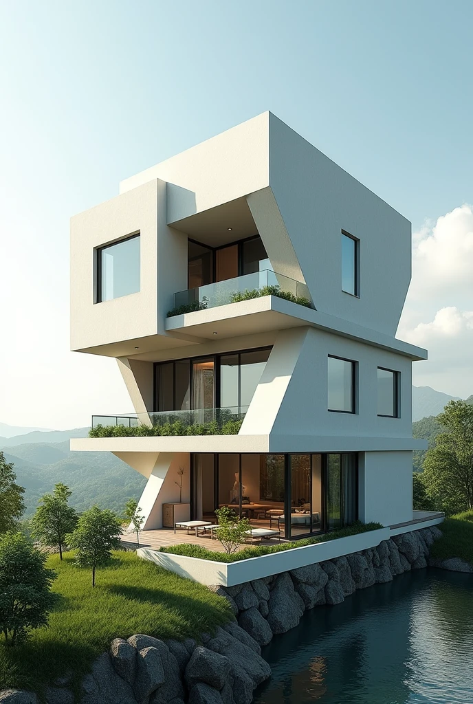 Two-story house with 3 different geometric shapes,