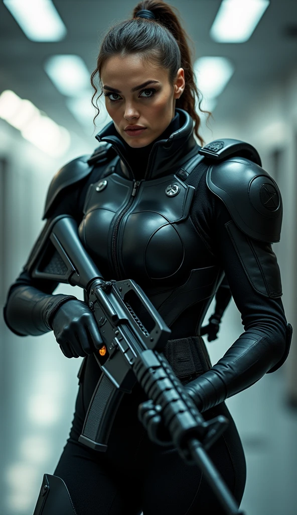 beautiful fighter, form fitting combat suit, wielding assault rifle, professional military photography