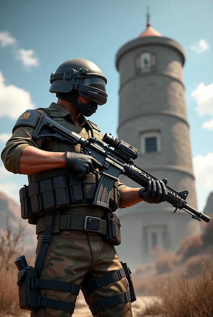 Pubg mobile character holding an M416 rifle next to the barrel of Chaves do Oito