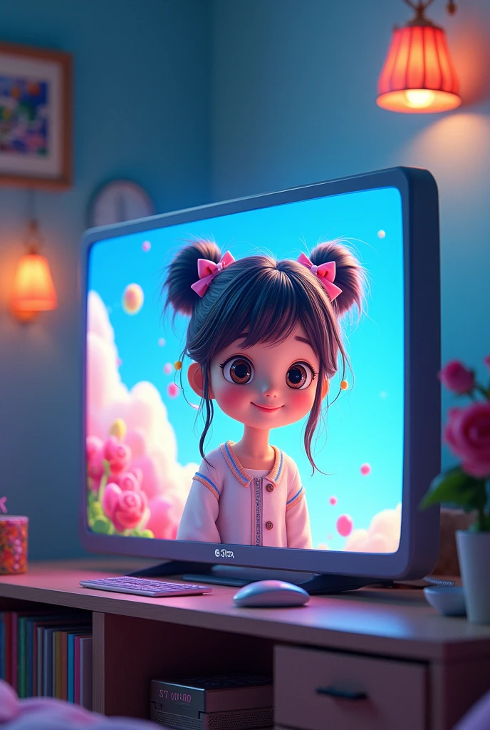 Create an image of a television with a woman with a hair bow!