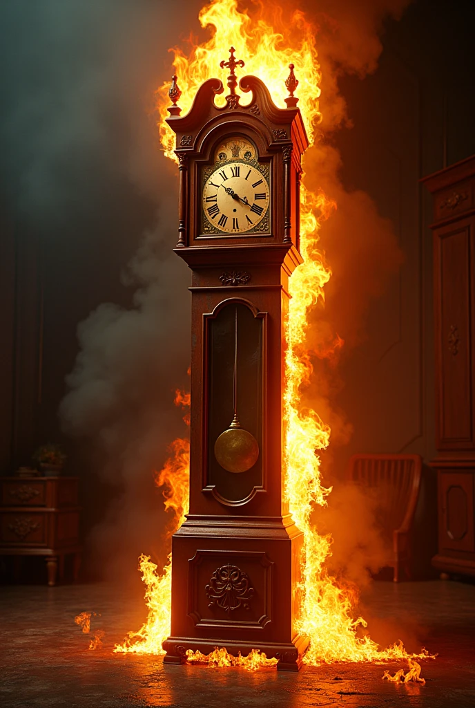 Generate image of an old clock on fire