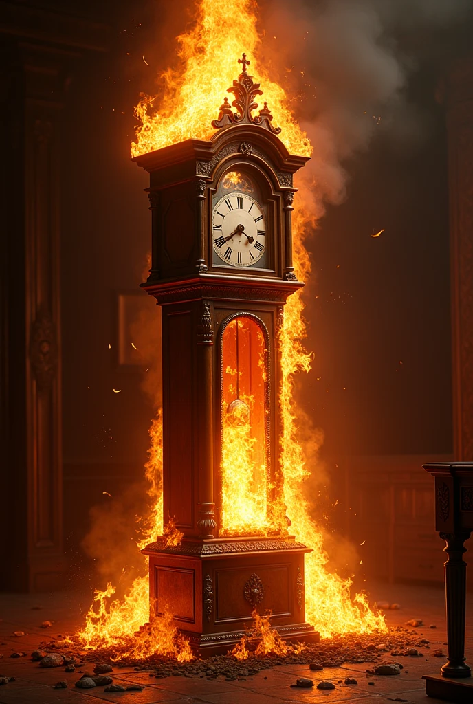 Generate image of an old clock on fire