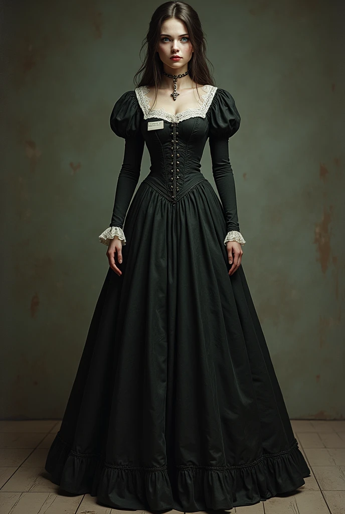 crinoline, victorian 19th century long dress, collar with nametag, prisonerchain on neck, dark brown hair, long hair, 155cm tall, woman, 1, freckless, small butt, full body view, slim body, a light green left eye, a deep brown right eye, hairless body, slim but round face, B cup boobs,