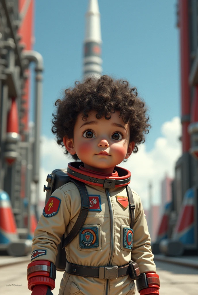 curly haired male child dressed as soviet astronaut
