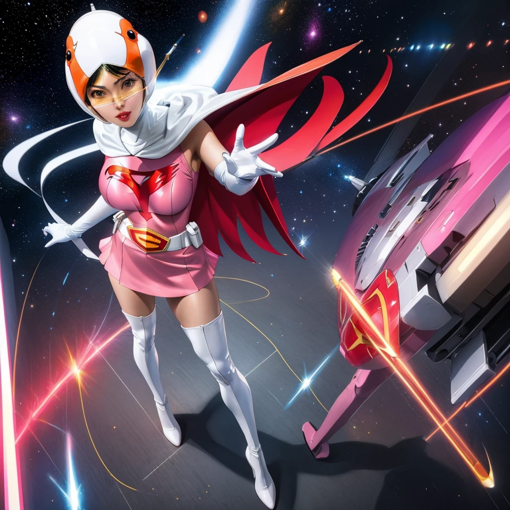 ANI_CLASSIC_jun_gatchaman_ownwaifu,1girl, 15yo,good anatomy, masterpiece, best quality,realistic, hyper realistic, 16k hdr, long hair,breasts,lips,large breasts,lipstick,makeup,gloves,cape,helmet,belt,elbow gloves,white gloves,mask,ultra miniskirt,leotard,spacesuit,white tight overknee highheels boots,pink dress,superhero,bodysuit,cleavage,erected nipples,(standing pose,front view),(spread legs:1.1)