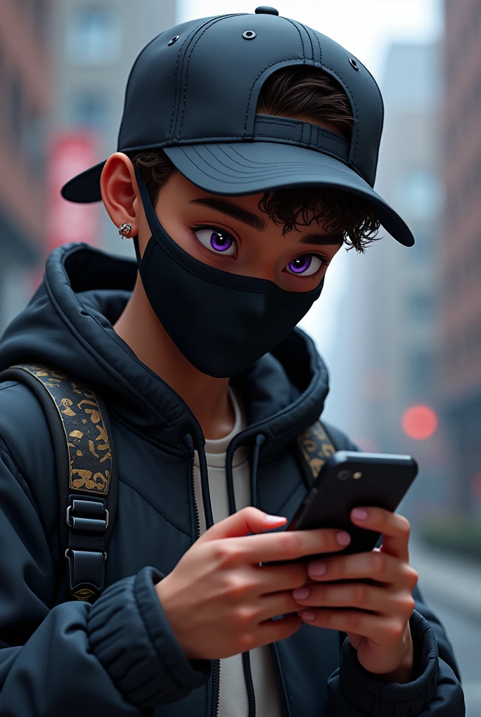 A boy with mixed skin color playing cell phone with a black mask and a backwards hat with purple eyes