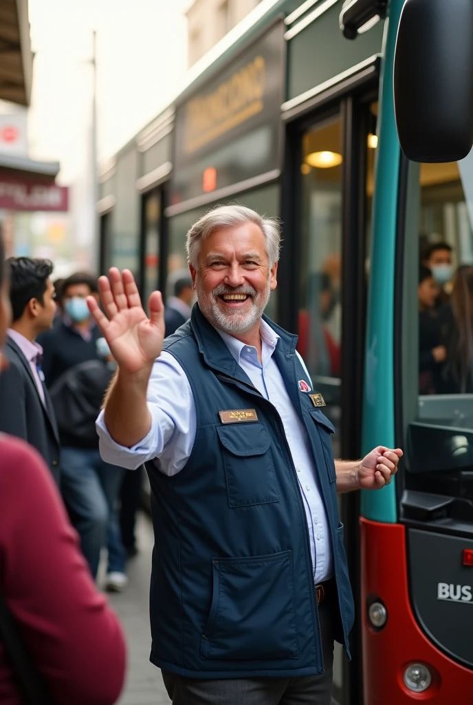  a male bus driver waving at the camera with a warm smile, as people board the bus