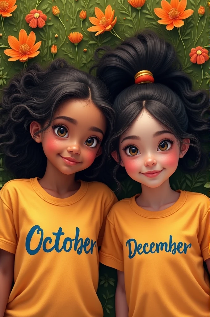Two bright skin girl bestie lying on beautifull flower and grass.first girl is chubby and wearing October written  t shirt with medium long balck weavy hair and second skinny girl wearing December written t shirt with black long straight hair.