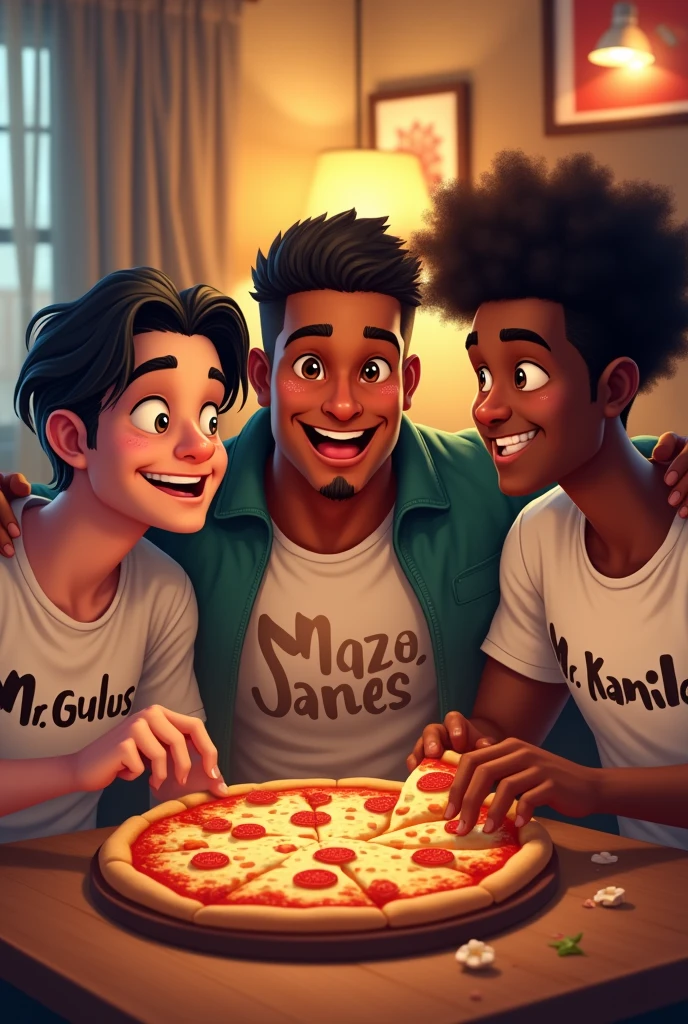 make a picture where 3 friends are together eating pizza. the first friend is a white man, He has straight black hair and is wearing a shirt that says MR GUILUS, the second friend is male and has black wavy hair, He is muscular and is wearing a shirt that says MR JAMES, the last friend is a black man, thin with short curly hair and wearing a shirt that says MR KAMILLA 