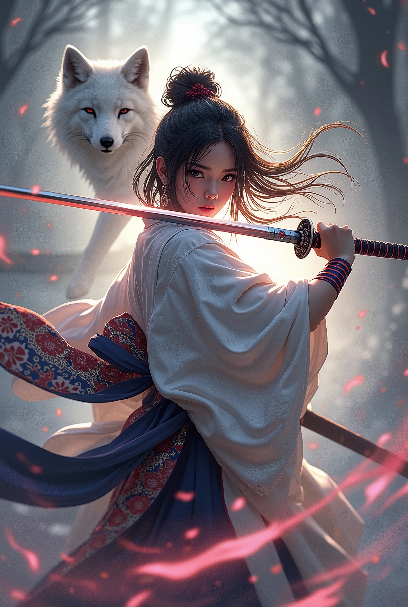 The enigmatic samurai woman (Musashi Miyamoto) wielding a long Japanese sword, Splitting with each powerful slash、Enveloped in the mist that obscures vision, Revealing a vivid and otherworldly scene, The clarity of the sword's slash against the hazy background, Mysterious Background, The white fox's sharp gaze met the viewer's., A layer of ethereal mist shrouding the foreground, Piercing, clear eyes, An exquisite and detailed kimono, Dramatic lighting and colors