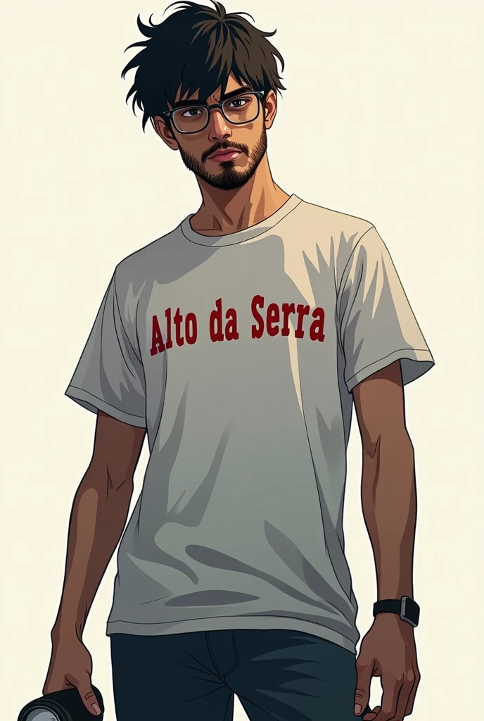 20 year old man with mysterious expression, black short hair, with medium black beard and brown eyes with glasses on the shirt wearing a white summer camp t-shirt with Alto Da Serra written in red and a flashlight in his hand, half dark academia, Estilo da DC Comics, imagem sem fundo, dc comics style