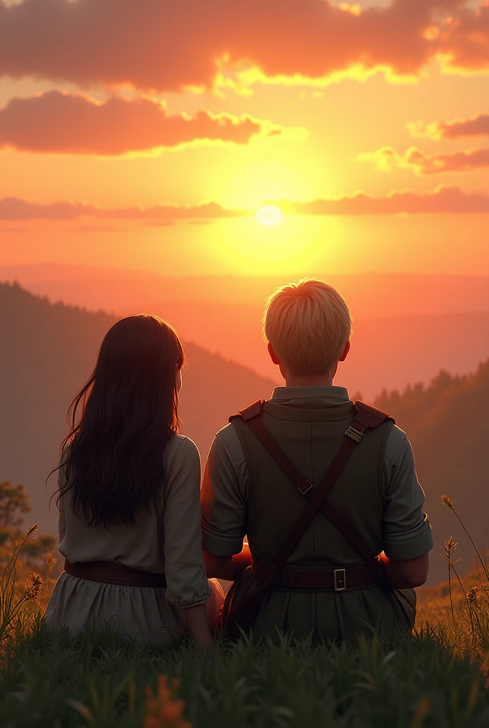 create a scene of a sunset from the top of a hill with a girl with long, dark hair and a strong soldier with blond hair lying on the grass watching the sunset
