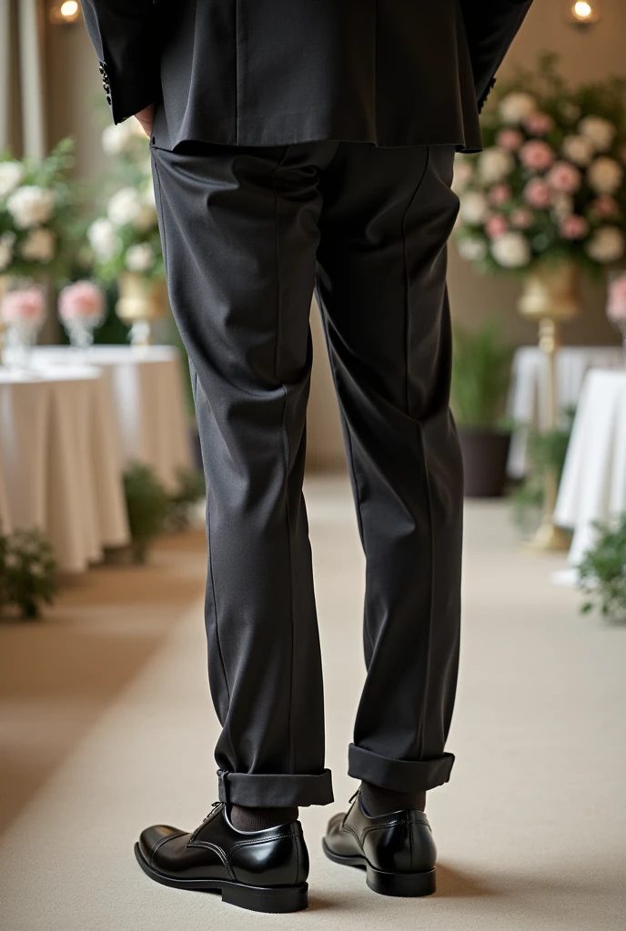 Imagine a wedding environment with elegant decoration. A man&#39;s legs are in the foreground, dressed in a dark suit. He wears well-fitting pants, black or dark gray in color, and polished dress shoes, probably black. The pants are slightly rolled up at the ankle, revealing dark socks that match the outfit. The background can show some of the event decoration, like tables with white tablecloths and flower arrangements, without showing faces or other body parts.