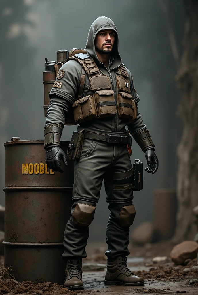 Pubg mobile character next to the barrel of Chaves do Ocho