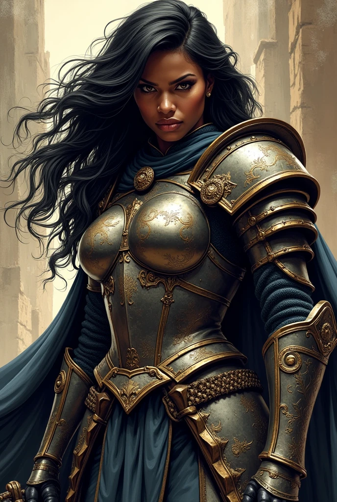 traditional comic art D&D Black woman Warrior black hair long wavy hair heavy armor covering her entire body Strong body short sword No background heroic poses Dramatic light and shadow Realistic detail High contrast Two-tone lighting traditional comic book art