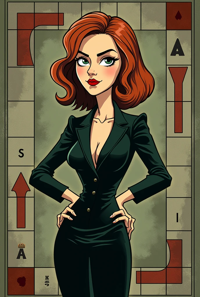 Sylvia Plath in cartoon board game style mafia with dark beige and green background 