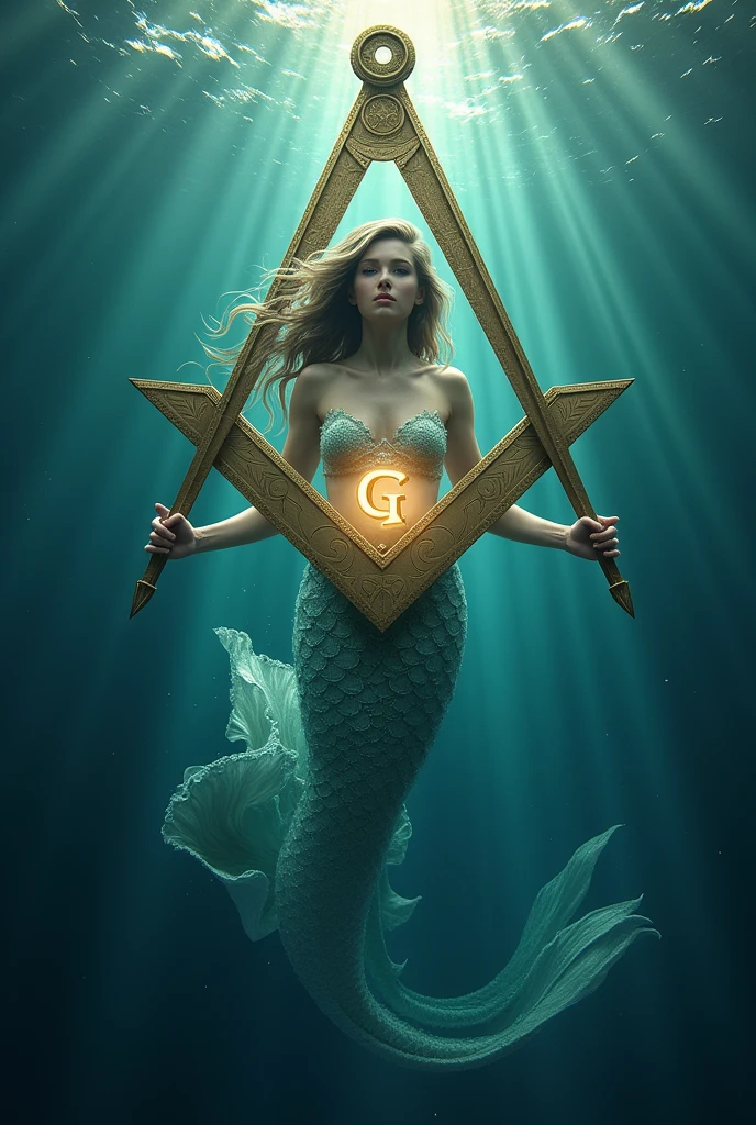 Create a full-color image that represents the Masonic square and compass rescuing a beautiful mermaid from the sea who has half her body down., transparent through the water and the other half and upper part of the body, shown sticking out of the water, with her hands raised holding on to the square and compass with the letter G that comes to her rescue.